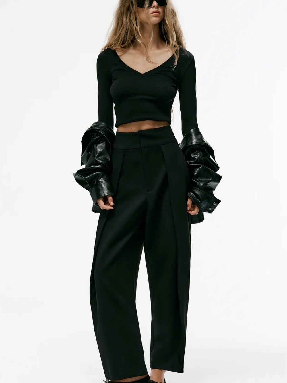 Zara Pleated Ballon Black High-Rise Wide-Leg Trousers Sz L/30 NWT